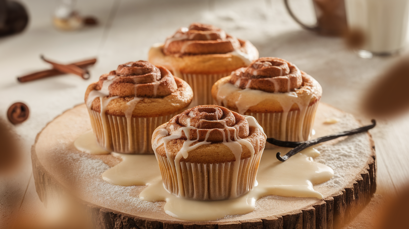 Freshly baked cinnamon roll muffins with swirls of cinnamon sugar, topped with creamy glaze on a rustic wooden table.