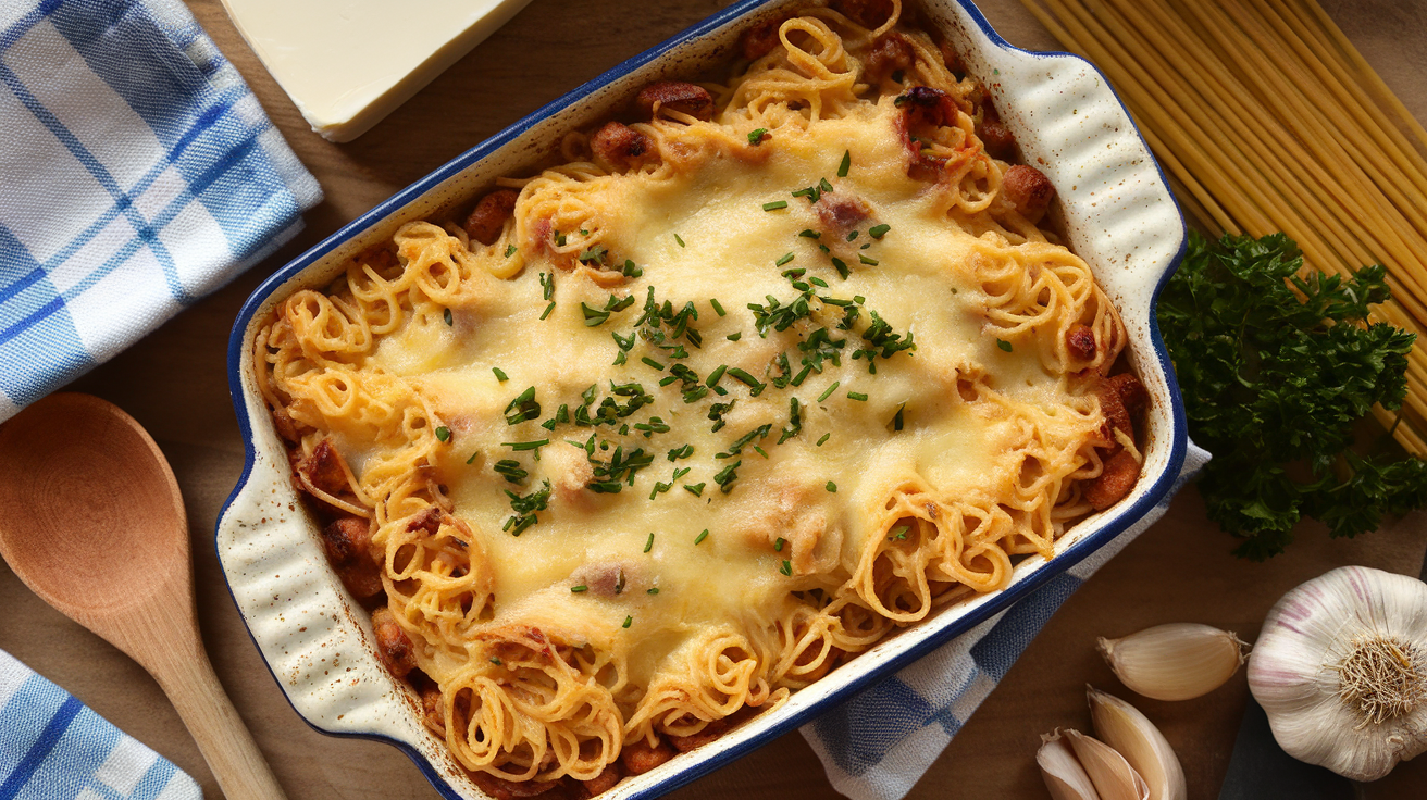 Creamy baked spaghetti casserole with melted cheese, fresh herbs, and golden breadcrumbs on top, served in a white baking dish.