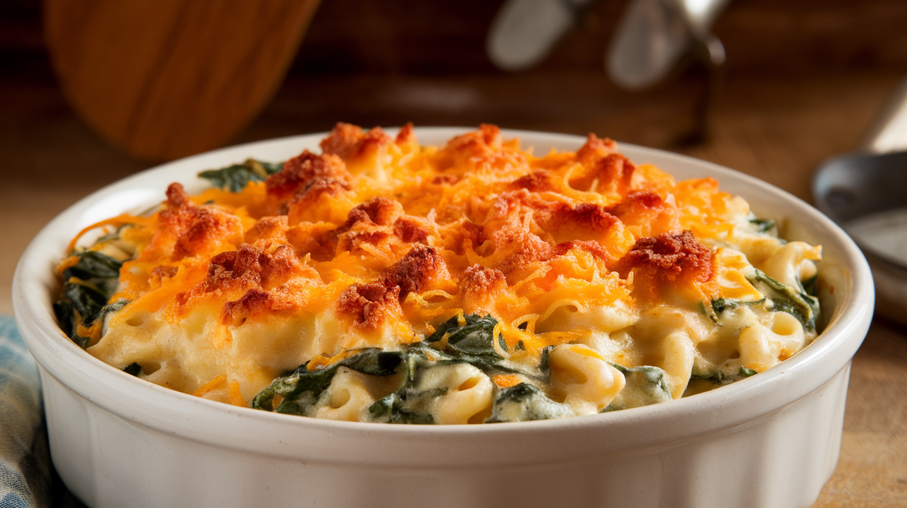 Creamy spinach mac and cheese in a white bowl, topped with melted cheese and fresh spinach leaves.