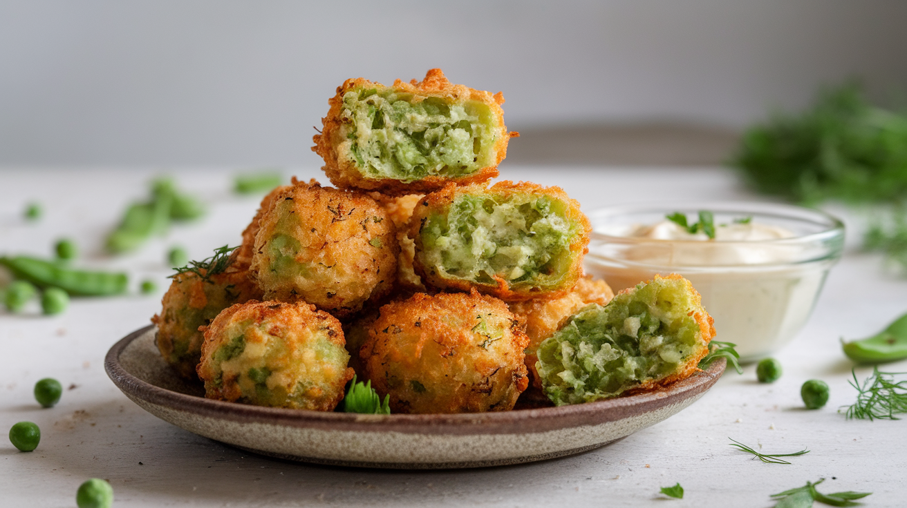 Golden crispy pea tots on a white plate with fresh herbs, served with dipping sauce – a delicious egg-free snack.