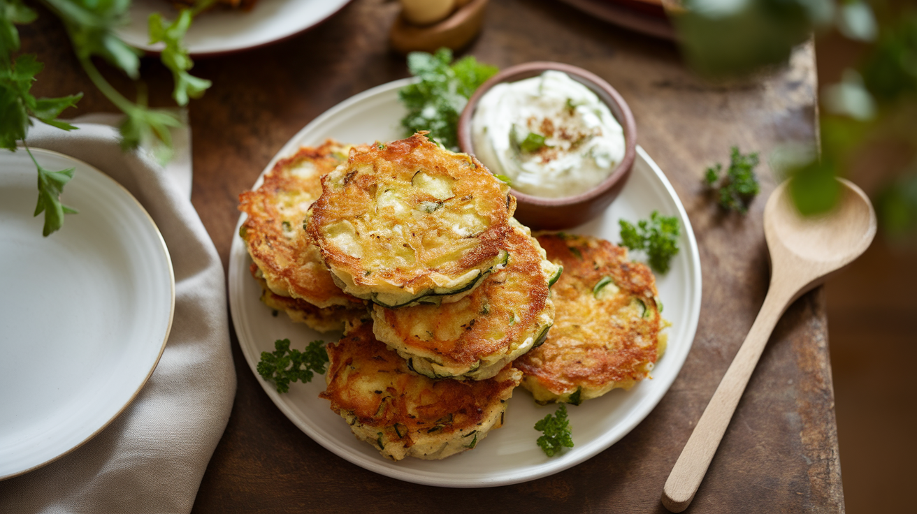 Golden-brown crispy zucchini fritters on a white plate, garnished with fresh herbs and a side of creamy dipping sauce.