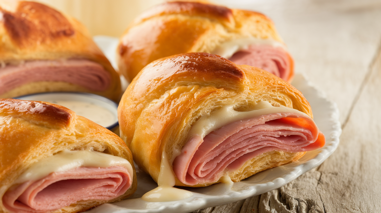Freshly baked ham and cheese crescent rolls with melted cheese and golden-brown flaky crust, served on a white plate.