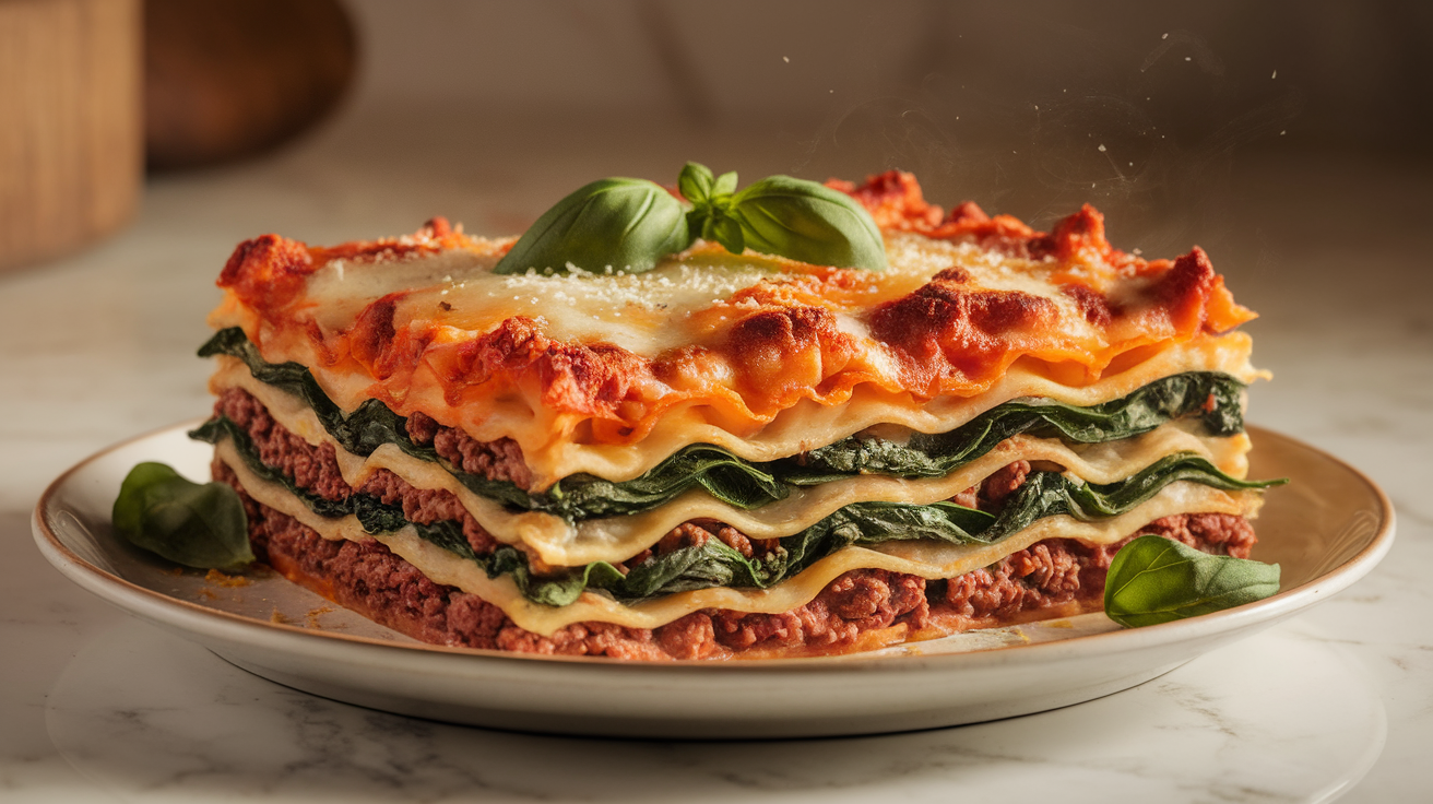 Low-carb keto lasagna with layers of seasoned ground meat, fresh spinach, melted cheese, and zucchini noodles on a white plate.