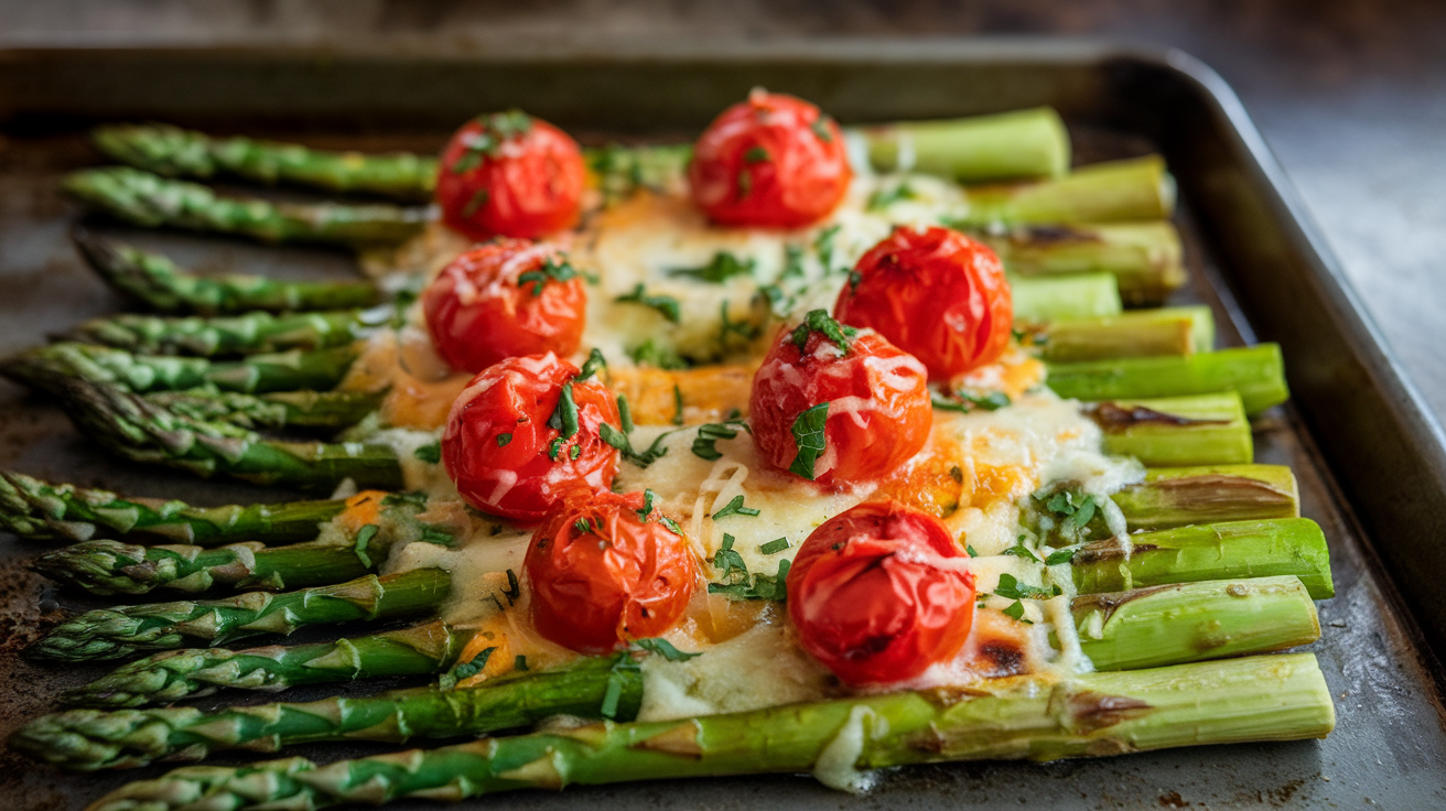 Fresh oven-roasted asparagus spears topped with melted Parmesan cheese and roasted cherry tomatoes on a white baking sheet, garnished with herbs.