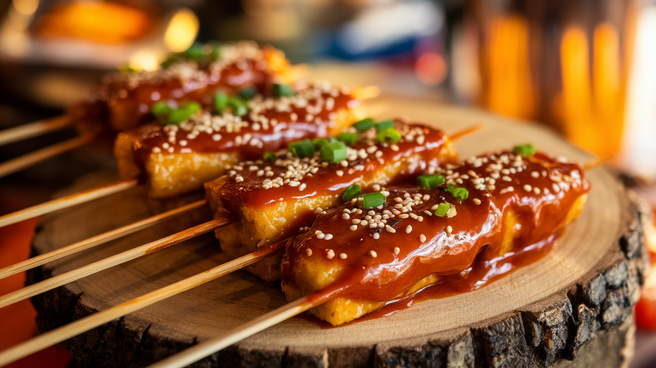 A close-up of freshly made rice cakes stacked on a white plate, garnished with sesame seeds and chopped green onions.