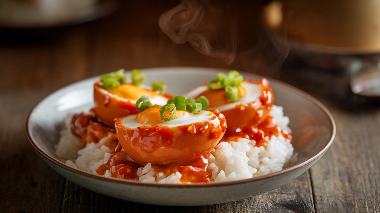 A bowl of spicy sweet and sour eggs with a glossy red sauce, garnished with green onions and sesame seeds, served with steamed rice.