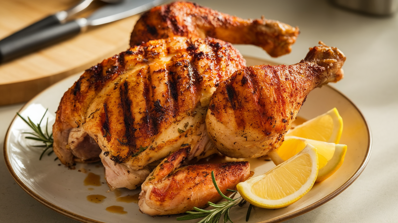 Crispy air-fried grilled chicken breasts with golden-brown seasoning, served on a white plate with fresh herbs and lemon slices.