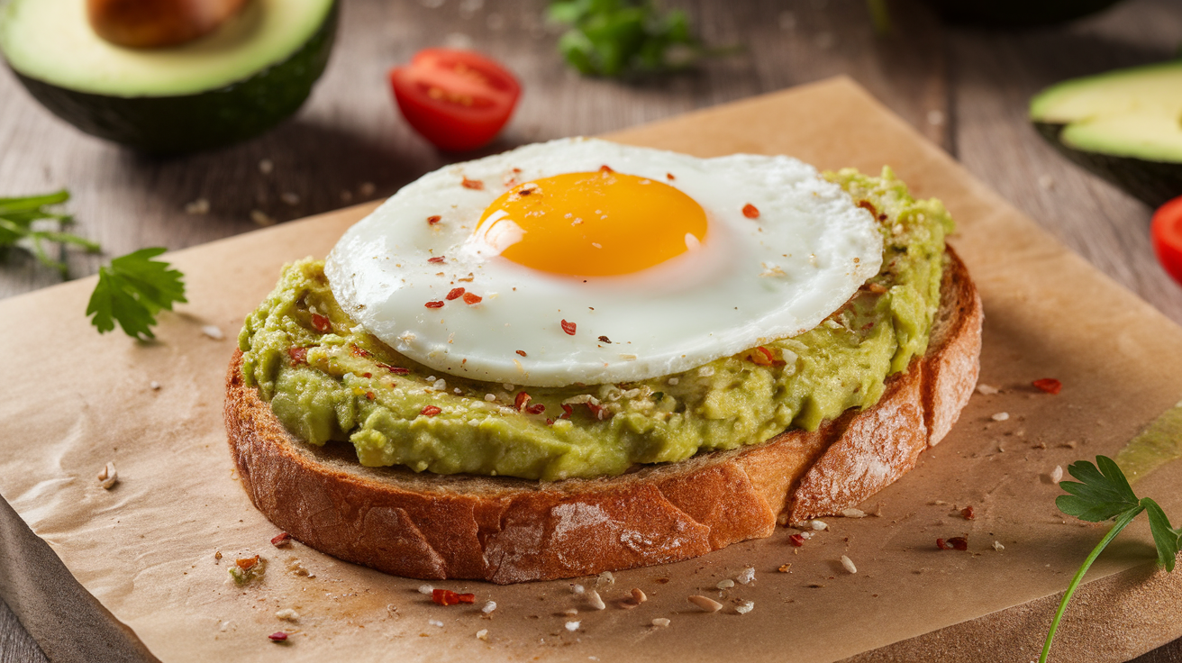 Crispy whole-grain toast topped with creamy mashed avocado, a perfectly fried sunny-side-up egg, sprinkled with red pepper flakes, sesame seeds, and fresh microgreens.
