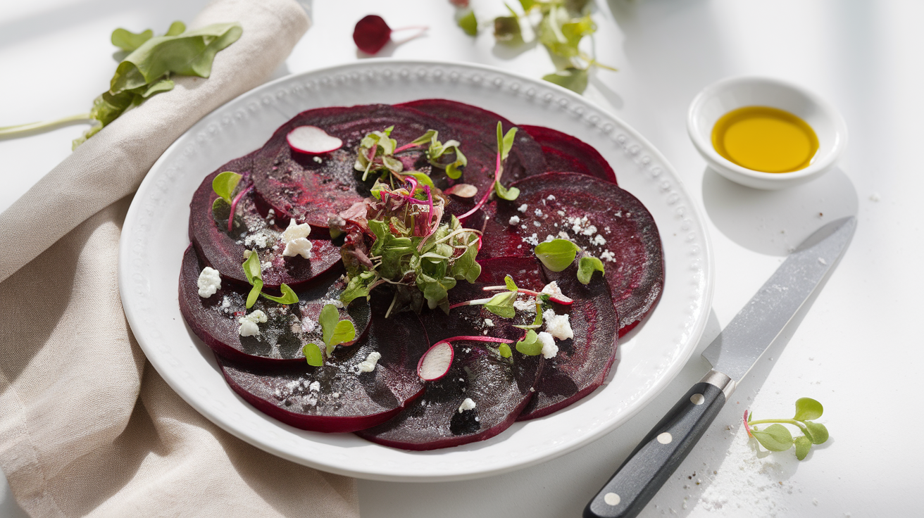 Thinly sliced beetroot carpaccio arranged in a circular pattern, topped with vibrant microgreens, crumbled cheese, and a light vinaigrette drizzle on a white plate.