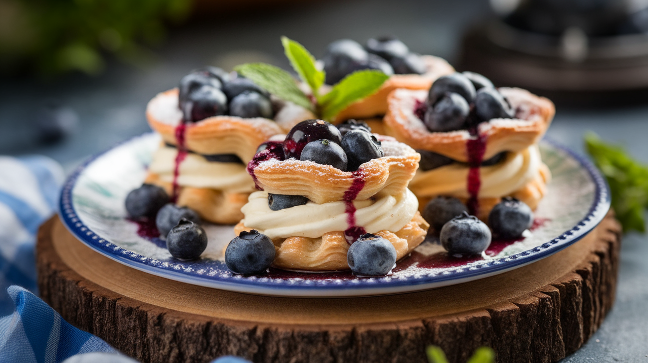 Freshly baked blueberry pastry rings with vanilla cream filling, dusted with powdered sugar on a white plate.