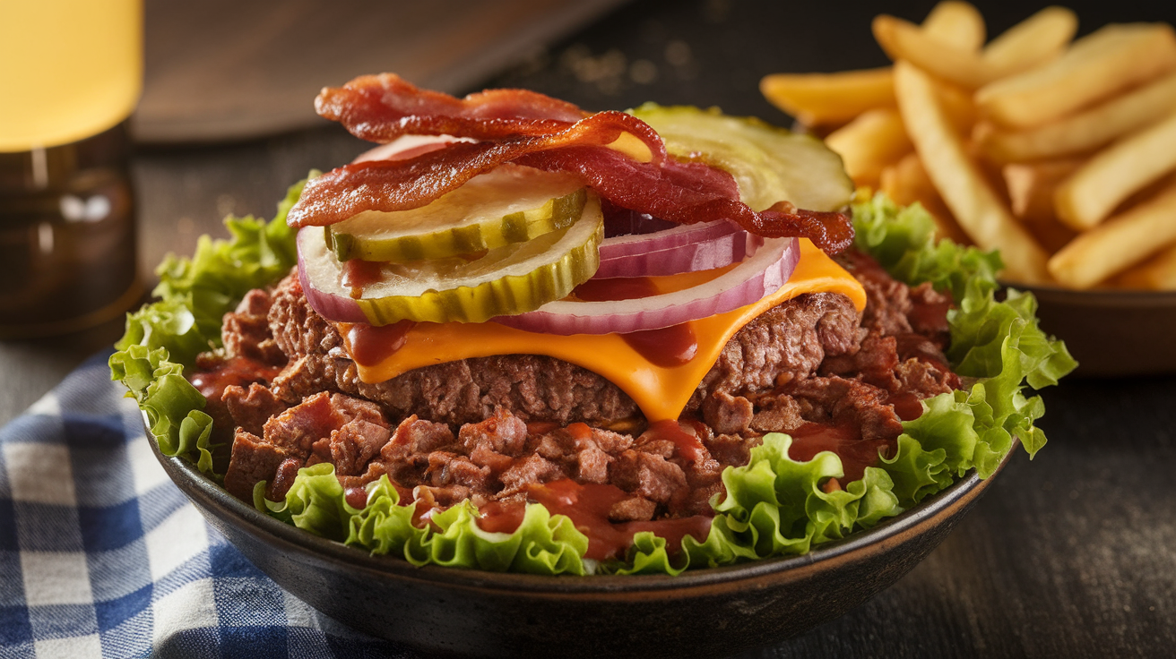 Close-up of a juicy burger bowl with a grilled beef patty, fresh lettuce, tomatoes, pickles, melted cheese, and a drizzle of sauce, served in a colorful bowl.