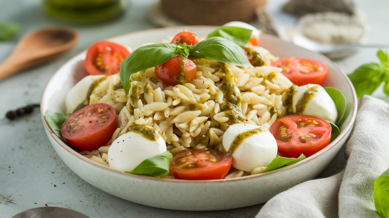 Vibrant Caprese Pesto Orzo Salad with fresh cherry tomatoes, mozzarella pearls, basil, and orzo pasta tossed in homemade pesto, served in a white bowl.