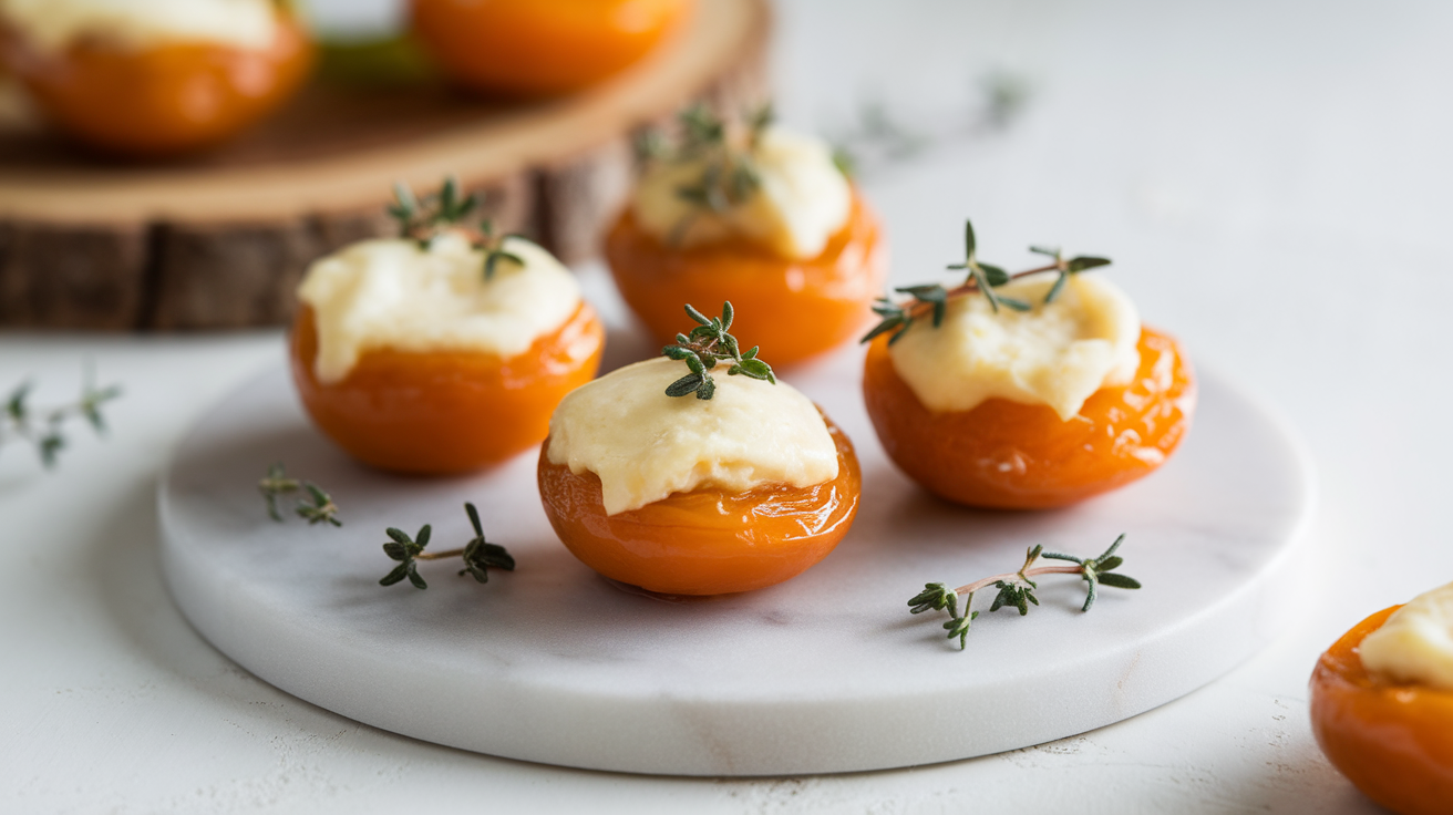 Creamy cheese-stuffed dried apricots with fresh herbs on a wooden board.