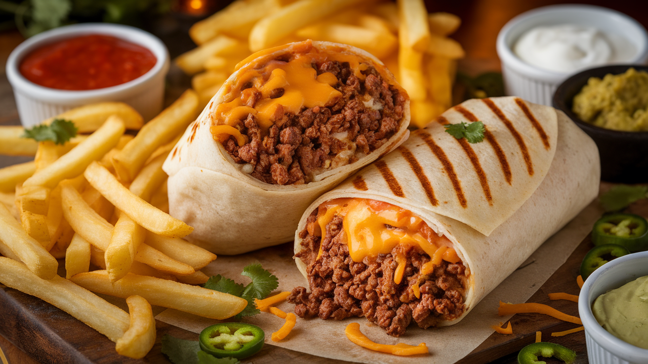 Warm flour tortillas filled with seasoned ground beef, melted cheese, and crispy golden fries, wrapped and served with dipping sauces on a rustic plate.