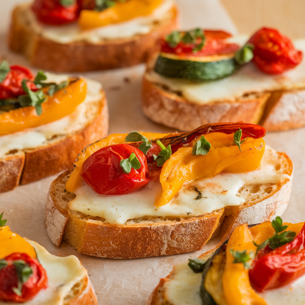 Golden toasted crostini topped with melted cheese, roasted vegetables, and fresh herbs.