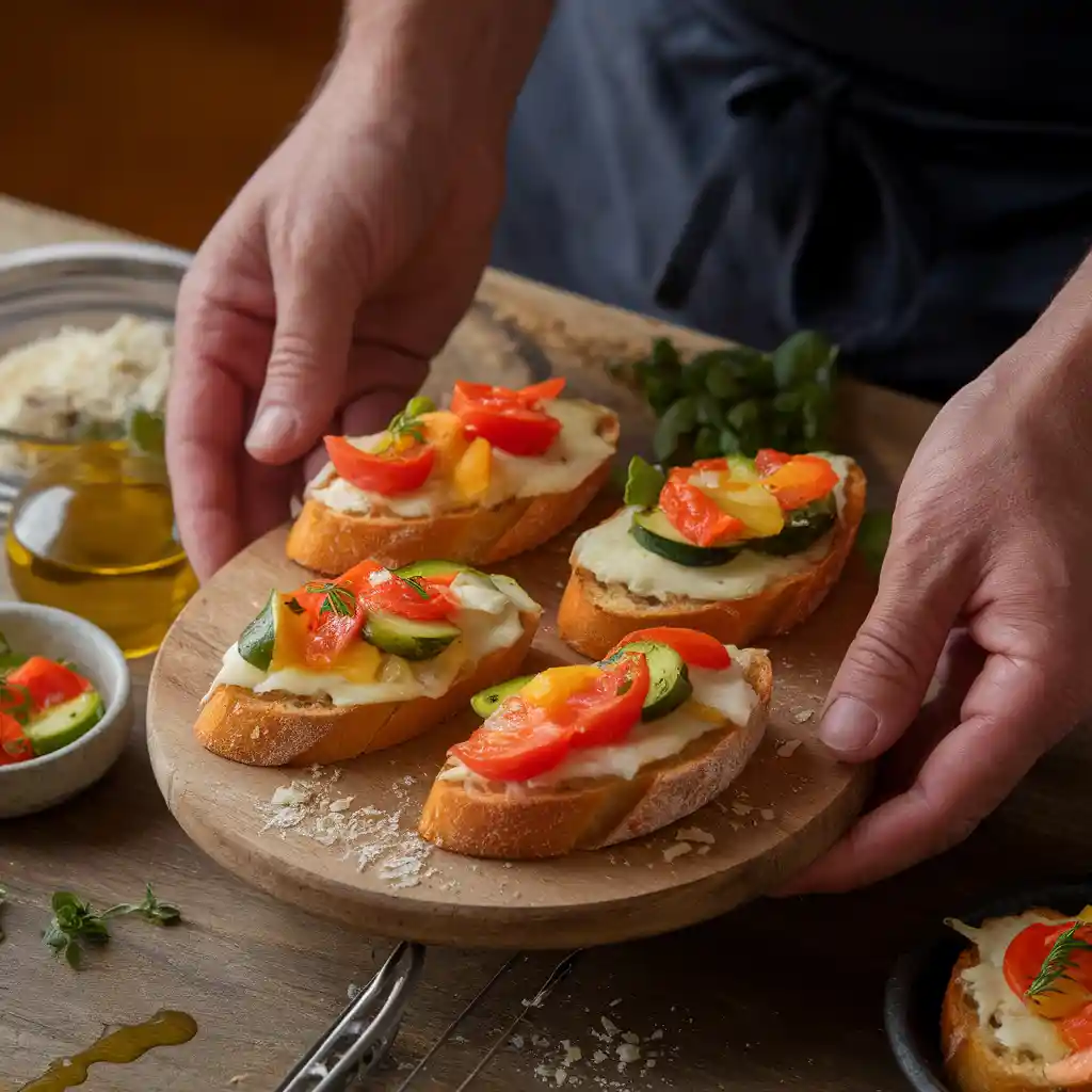 Golden toasted crostini topped with melted cheese, roasted vegetables, and fresh herbs.