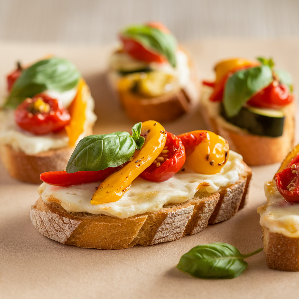 Golden toasted crostini topped with melted cheese, roasted vegetables, and fresh herbs.