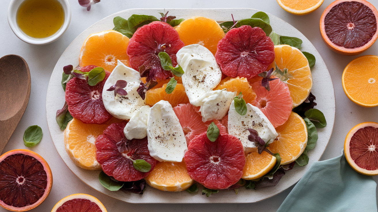 Fresh citrus salad with sliced oranges and grapefruit, creamy burrata cheese, and marinated shallot vinaigrette on a white plate, garnished with herbs.