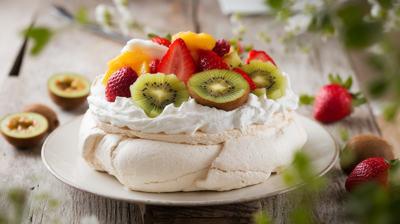 Classic Pavlova dessert with crisp meringue shell, whipped cream, and fresh strawberries, raspberries, and kiwi on a white plate.