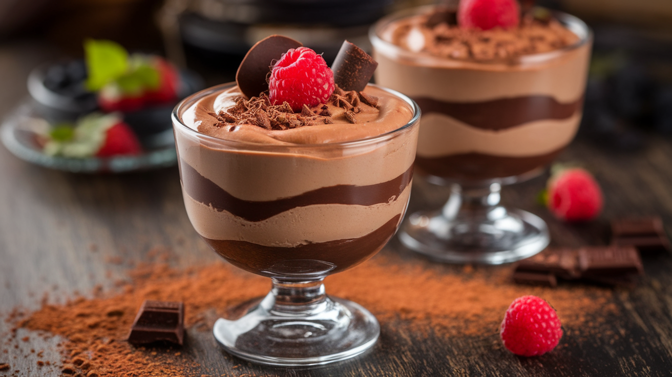 Creamy chocolate mousse made with cottage cheese, topped with fresh berries and mint leaves, served in a glass dessert cup.