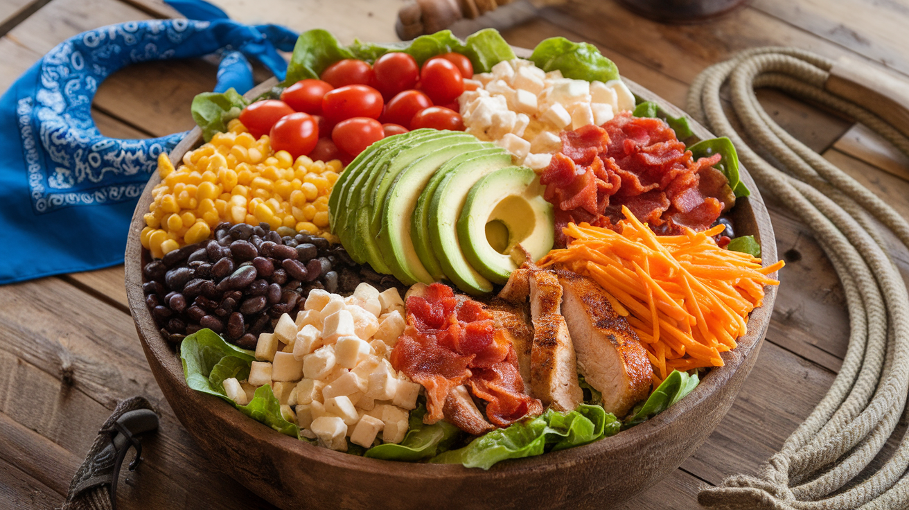 Colorful Cowgirl Salad with fresh greens, black beans, corn, avocado, cherry tomatoes, shredded cheese, and grilled chicken, topped with crispy tortilla strips and ranch dressing.