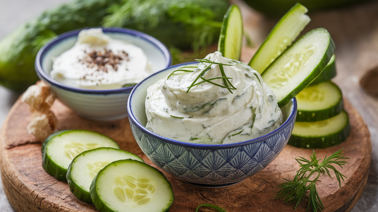 Homemade cucumber cream cheese spread with fresh dill on toasted bagel, garnished with cucumber slices.