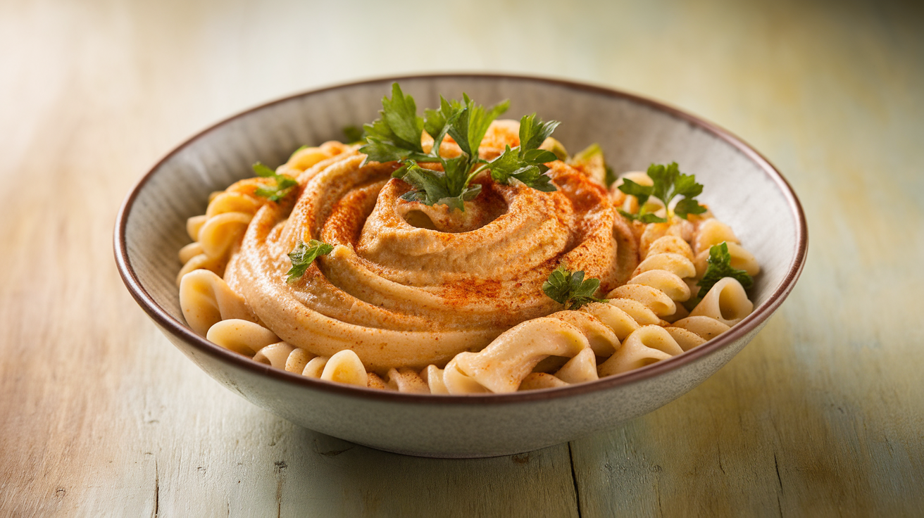 Creamy hummus pasta with cherry tomatoes, fresh parsley, and a drizzle of olive oil in a white bowl