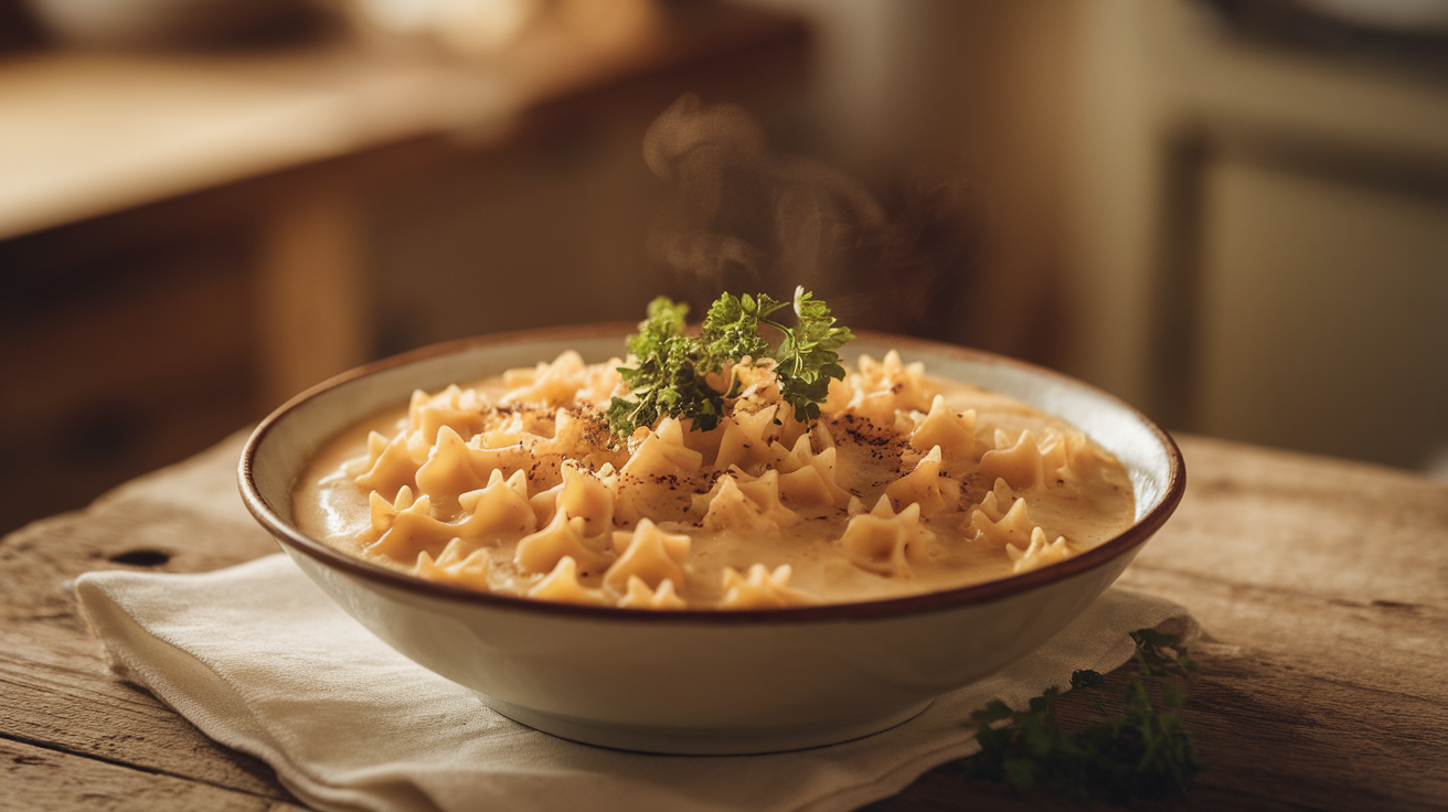 Creamy pastina pasta in a white bowl, topped with parmesan cheese and fresh herbs, served with a wooden spoon.