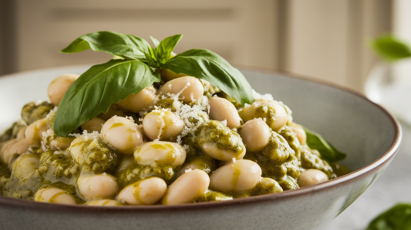 Creamy pesto butter beans in a white bowl, garnished with fresh basil, pine nuts, and a drizzle of olive oil.