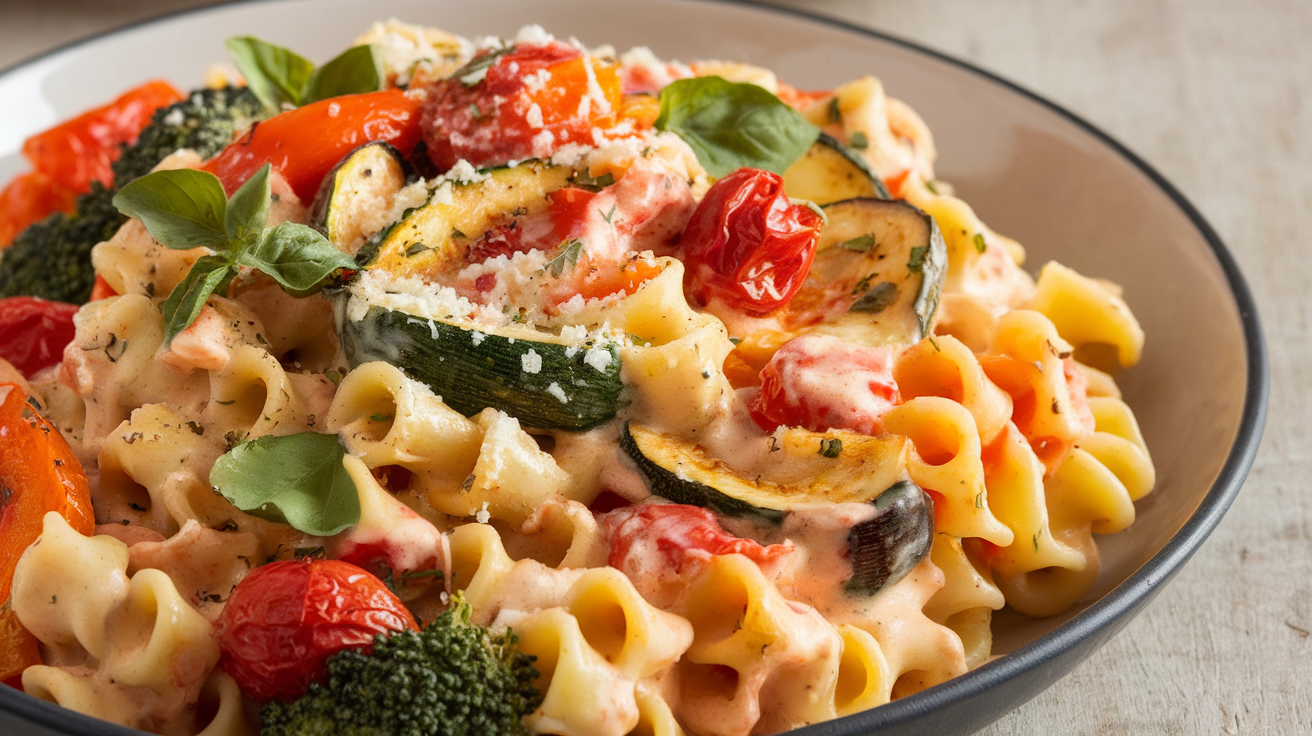 Creamy roasted vegetable pasta with tender penne, roasted bell peppers, zucchini, and cherry tomatoes in a rich garlic Parmesan sauce, garnished with fresh basil.
