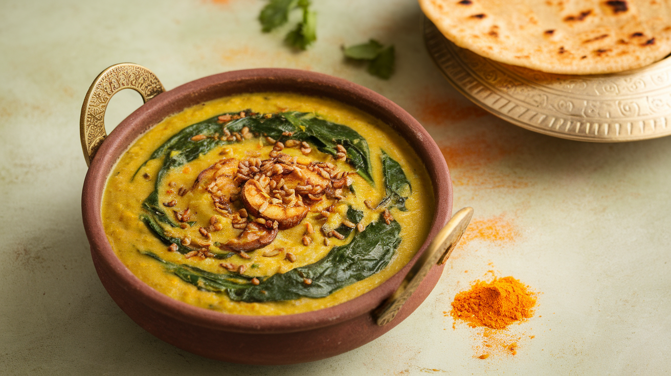 Creamy spinach dhal (lentil curry) with golden turmeric, fresh spinach leaves, and aromatic spices, served in a rustic bowl with steamed rice and naan bread.