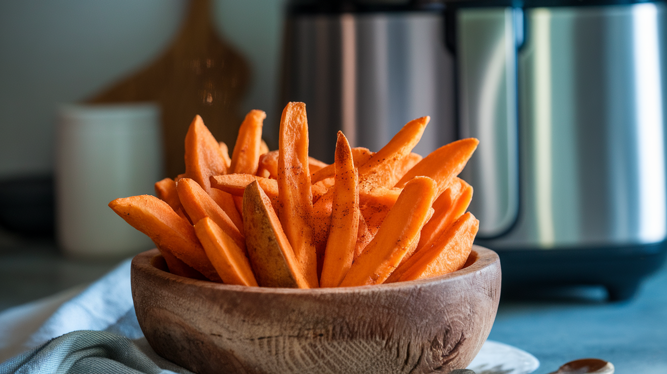 Crispy air-fried sweet potato fries in a white bowl, garnished with fresh parsley, served with a side of creamy dipping sauce.
