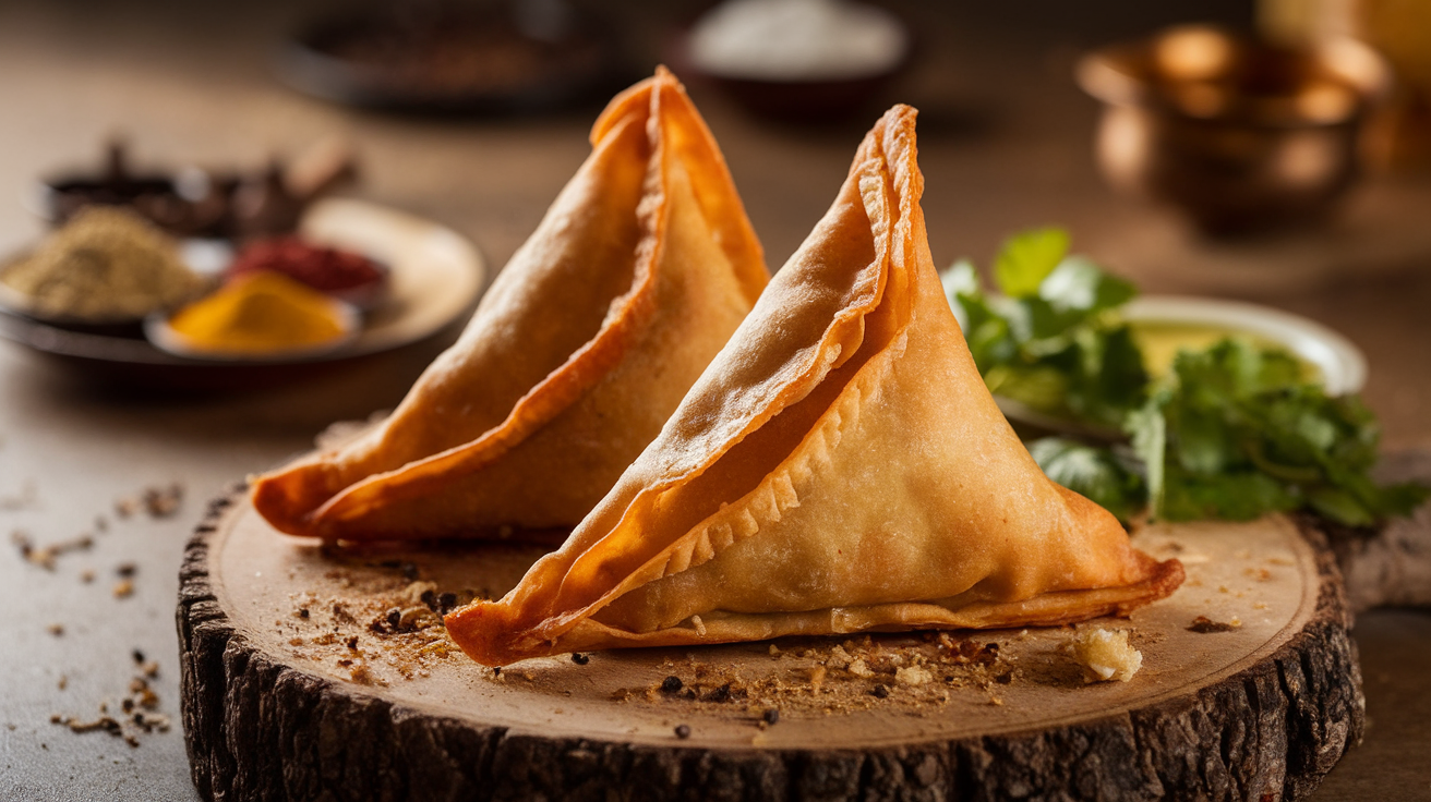 Crispy golden-brown Keema Samosa (Patti Samosa) on a white plate with mint chutney, ready to serve.