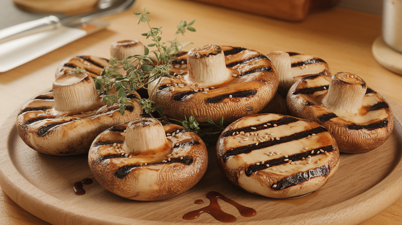 Grilled king oyster mushrooms with charred grill marks, seasoned with herbs and olive oil, served on a wooden board.