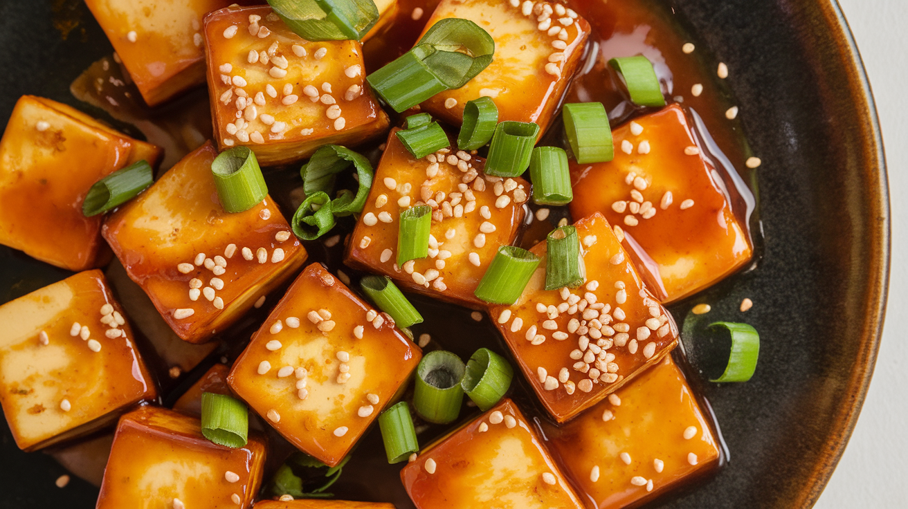Crispy honey garlic tofu with a golden-brown crust, glazed in sticky sauce, garnished with sesame seeds and green onions on a white plate.