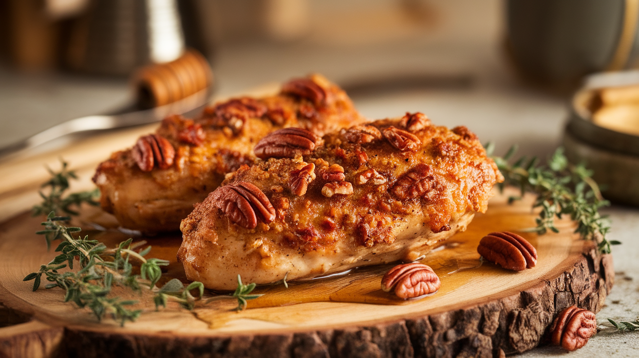 Golden-brown pecan-crusted chicken breast with a crispy coating, served on a white plate with fresh herbs and lemon wedges.