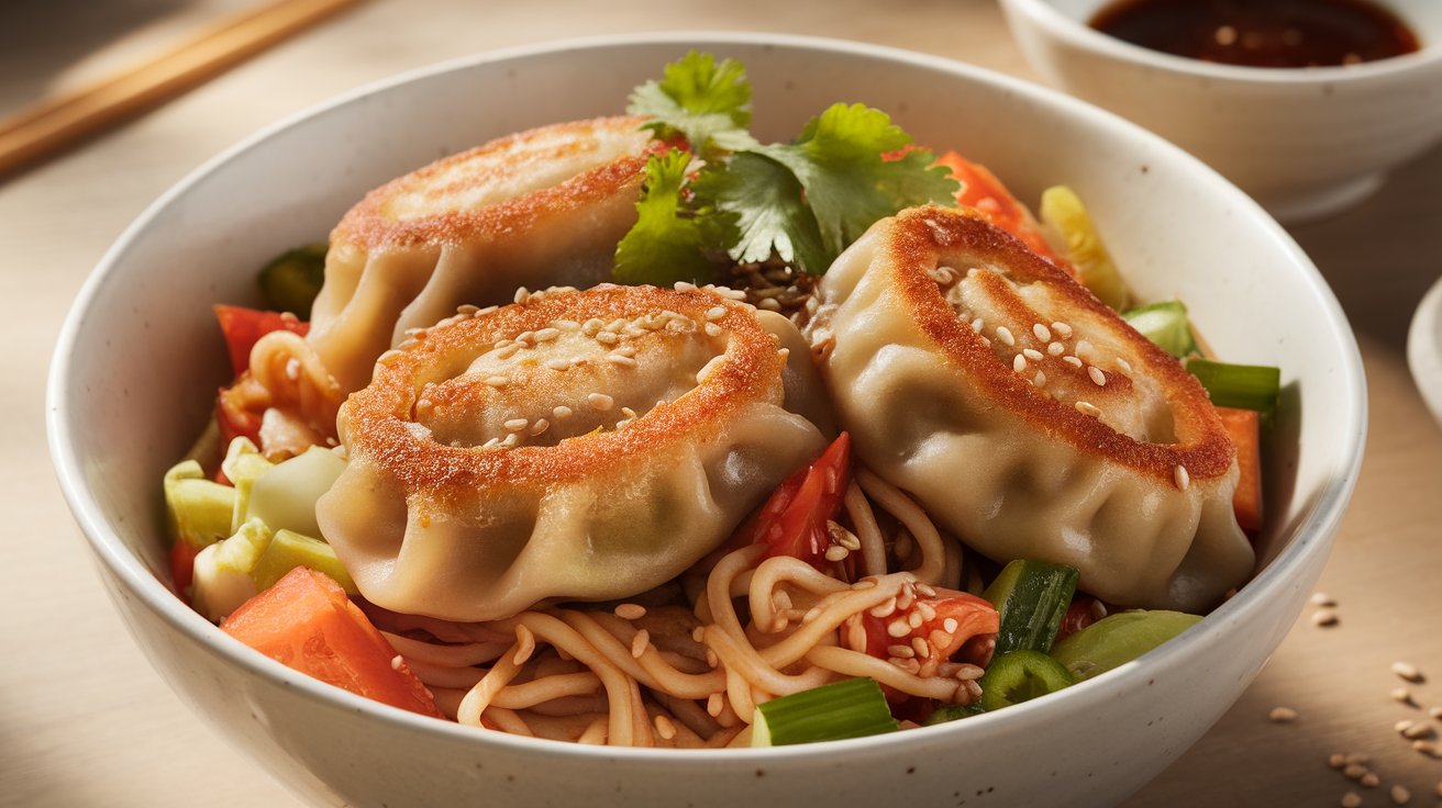 Homemade potsticker noodle bowl with pan-fried dumplings, ramen noodles, crisp vegetables, and a savory sesame-soy sauce in a white bowl.