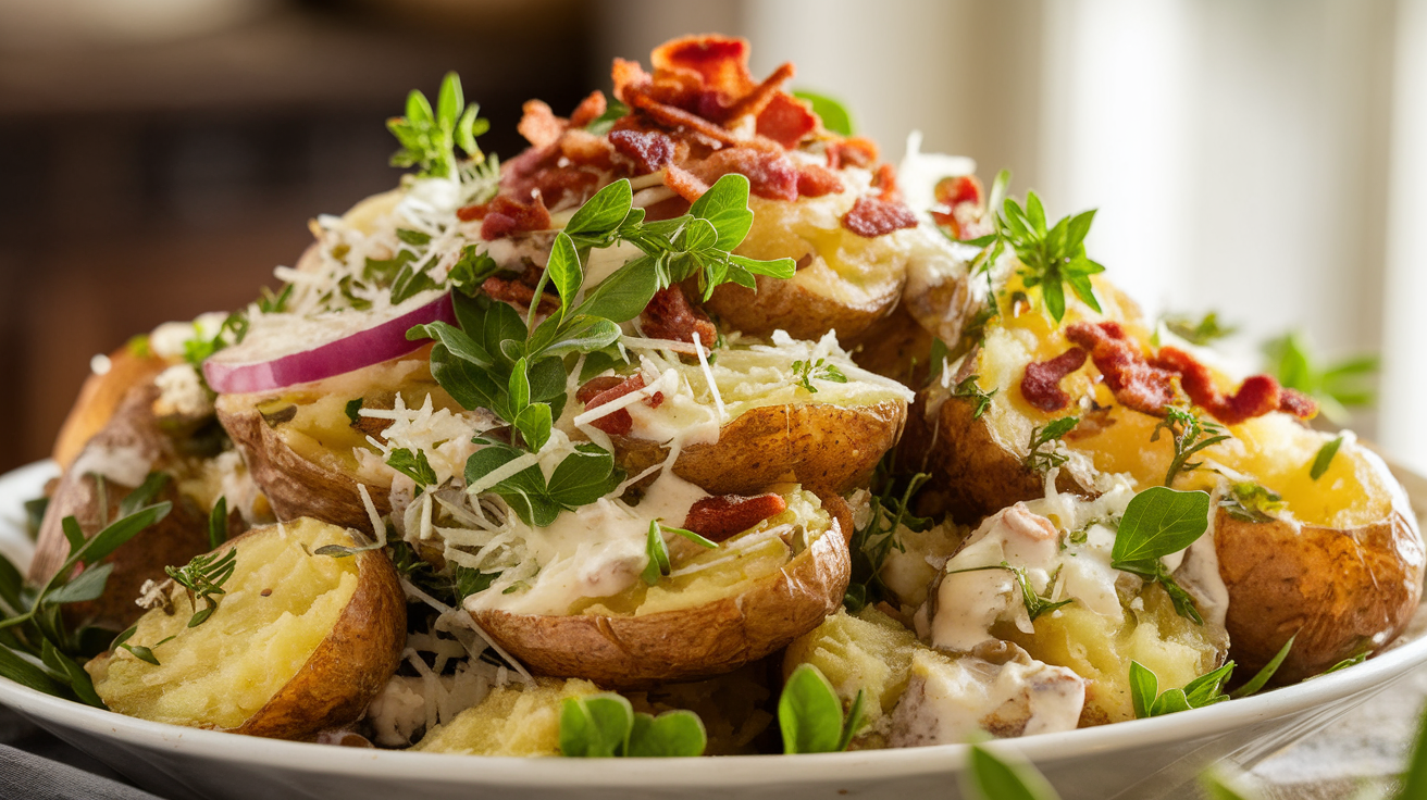 Golden crispy smashed potatoes mixed with fresh herbs, creamy dressing, and crunchy vegetables in a vibrant potato salad.