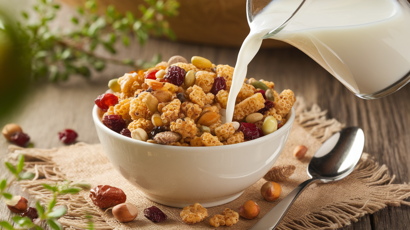 Bowl of Quinoa Crunch Breakfast Cereal with fresh berries, nuts, and almond milk in a rustic setting.