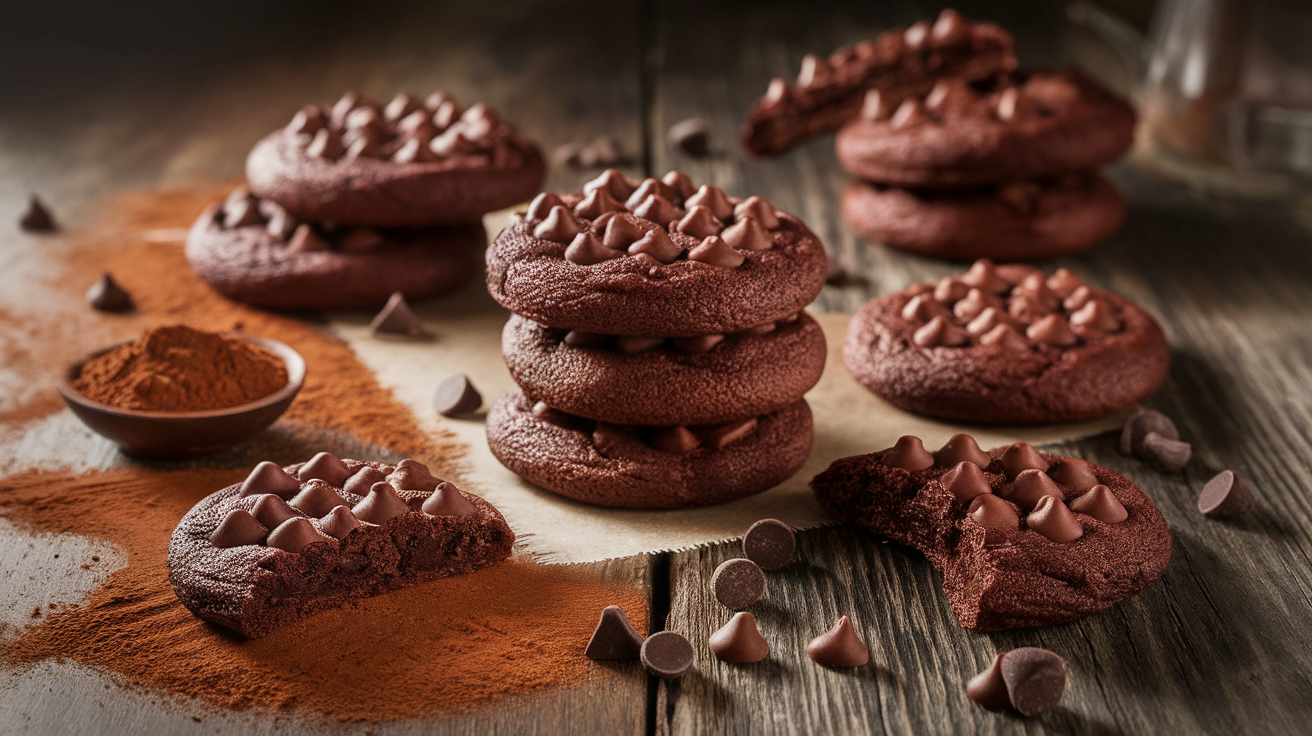 Freshly baked double chocolate protein cookies with melty chocolate chips on a rustic wooden table.
