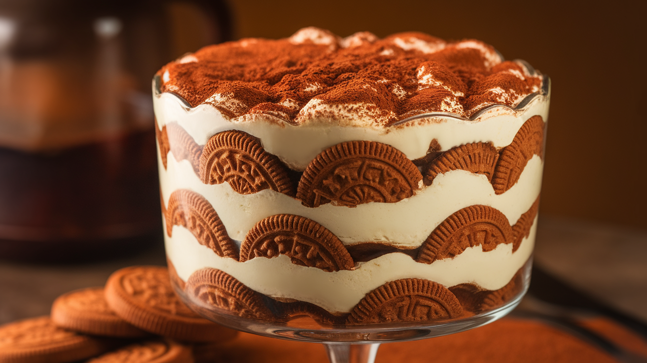 Easy Biscoff Speculoos Tiramisu dessert in a glass with layers of coffee-soaked cookies, creamy mascarpone, and crushed Lotus Biscoff biscuits, topped with cinnamon.