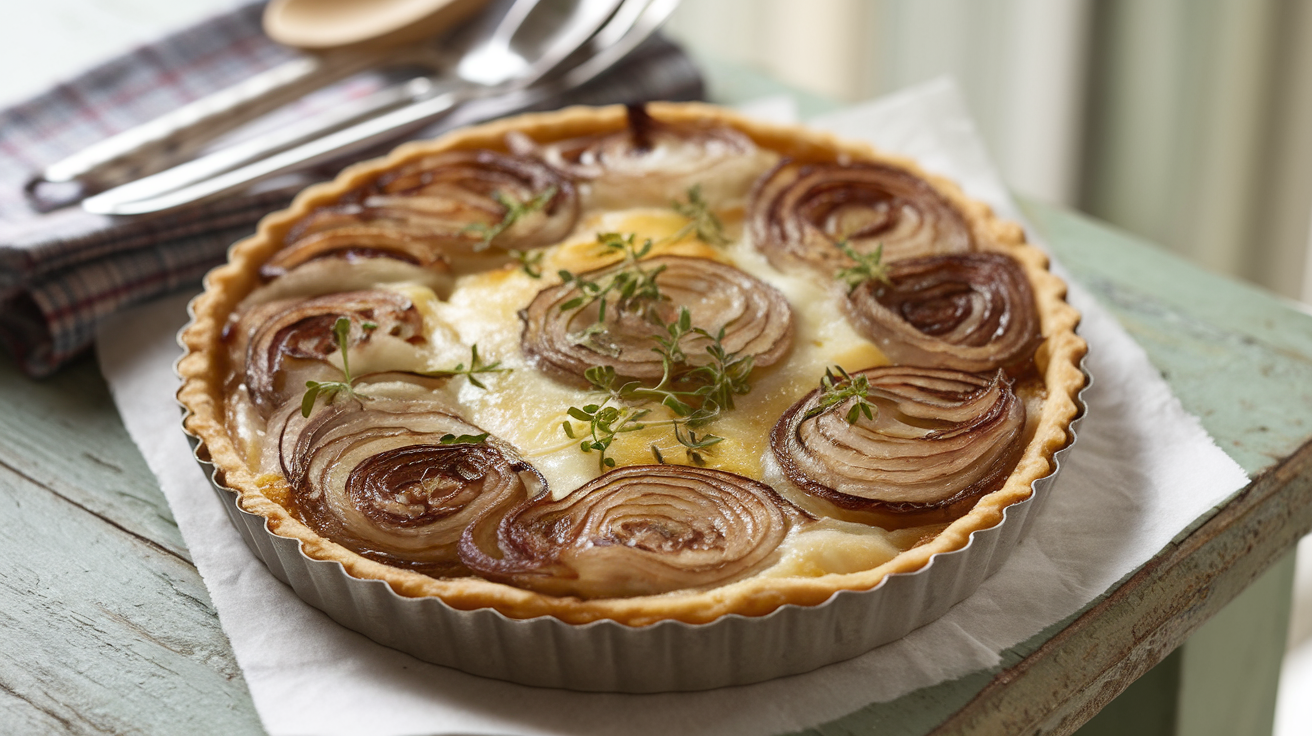 Golden-brown French onion tart with caramelized onions, thyme, and flaky pastry, served on a rustic wooden board.