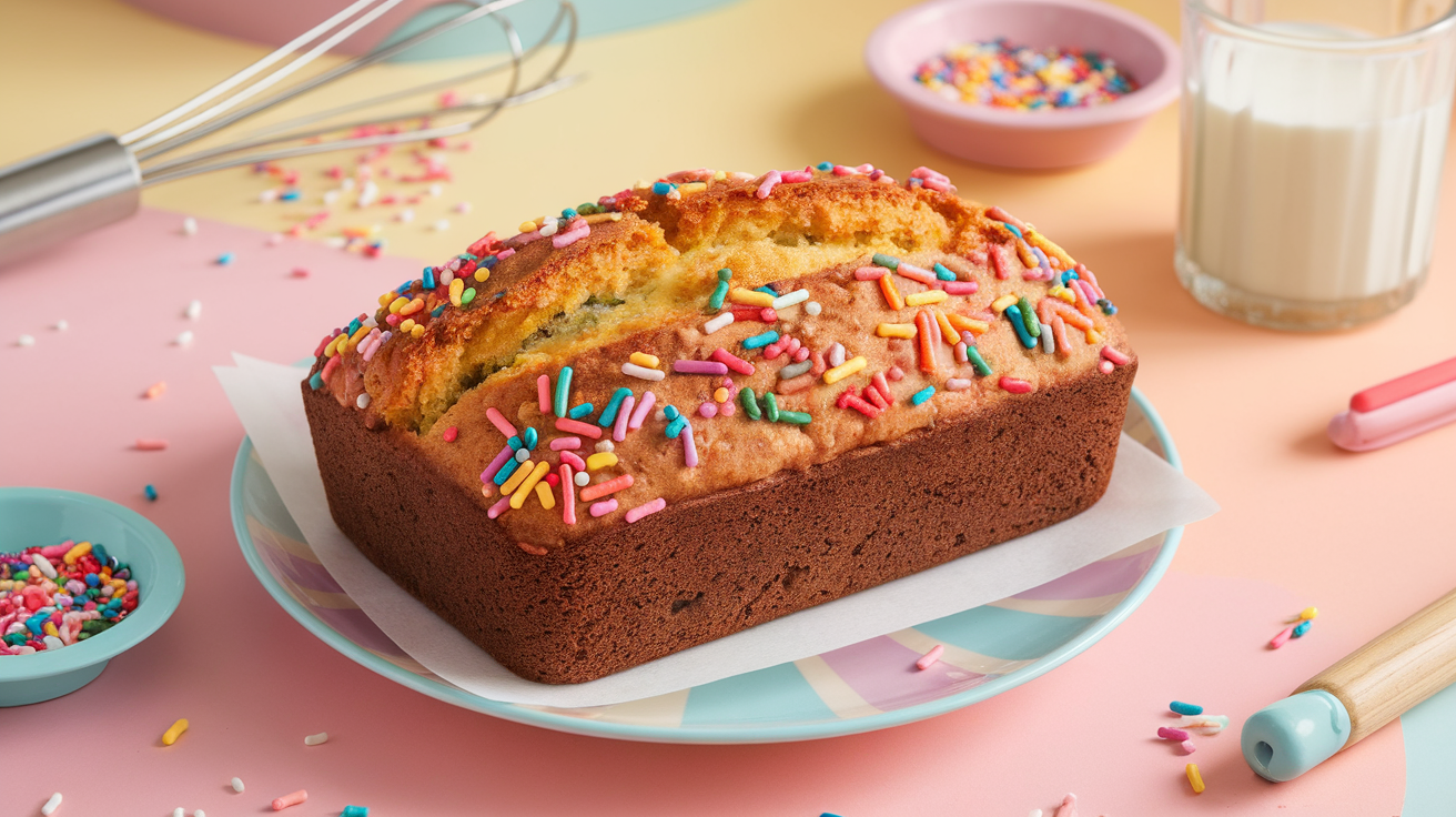 Freshly baked Funfetti Quick Bread with rainbow sprinkles, sliced on a white plate with a sprinkle garnish.