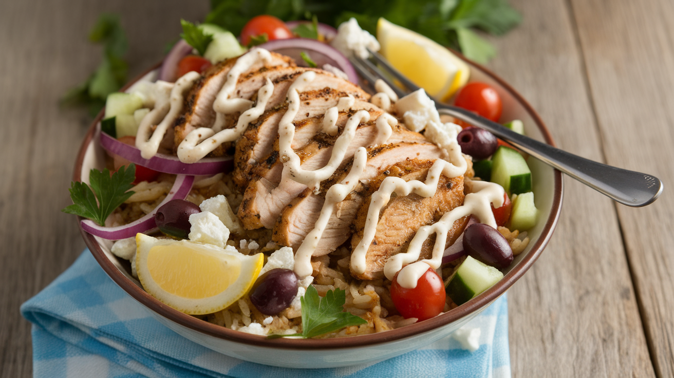 Colorful Greek Chicken Gyro Bowl with grilled chicken, fresh cucumber, tomatoes, red onions, olives, feta cheese, and tzatziki sauce served over fluffy rice.