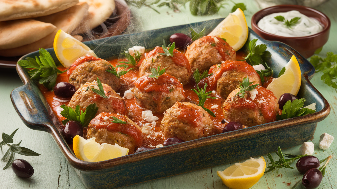 Freshly baked Greek meatballs (keftedes) with herbs and spices on a white ceramic plate, garnished with lemon wedges and fresh parsley.
