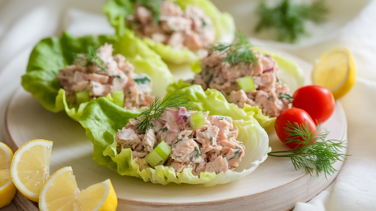 Fresh tuna salad lettuce wraps with diced celery, red onion, and herbs, served on crisp romaine leaves.