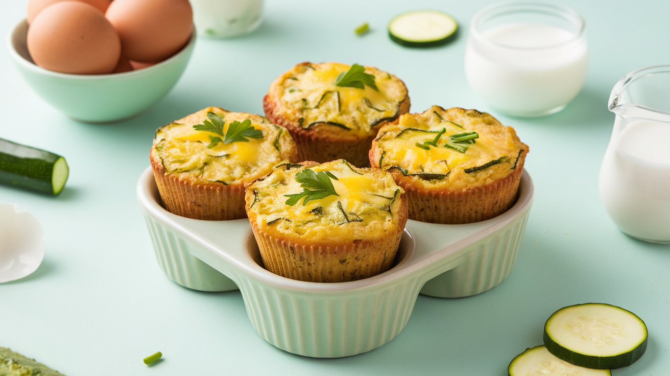 Freshly baked zucchini egg muffin cups with melted cheese, diced tomatoes, and herbs, served in a muffin tin.