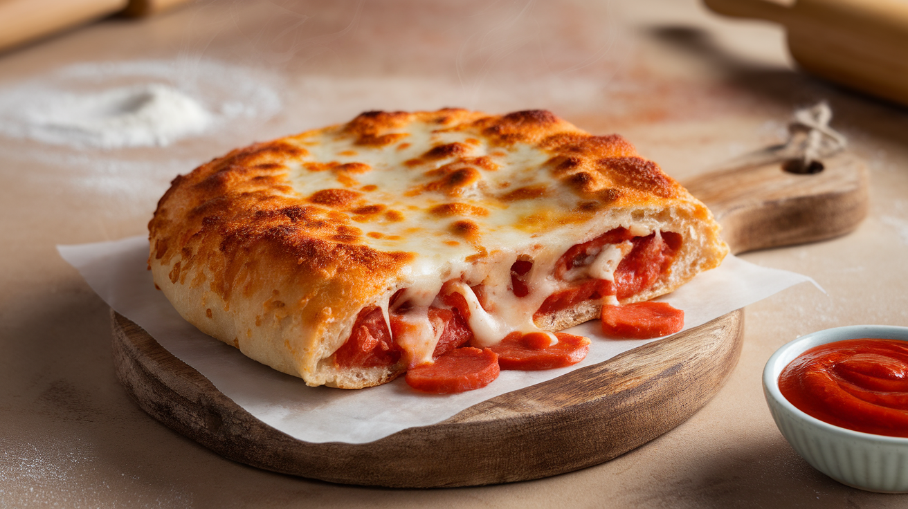 Freshly baked high-protein pizza hot pockets with melted cheese and pepperoni, perfect for a quick, protein-packed meal.