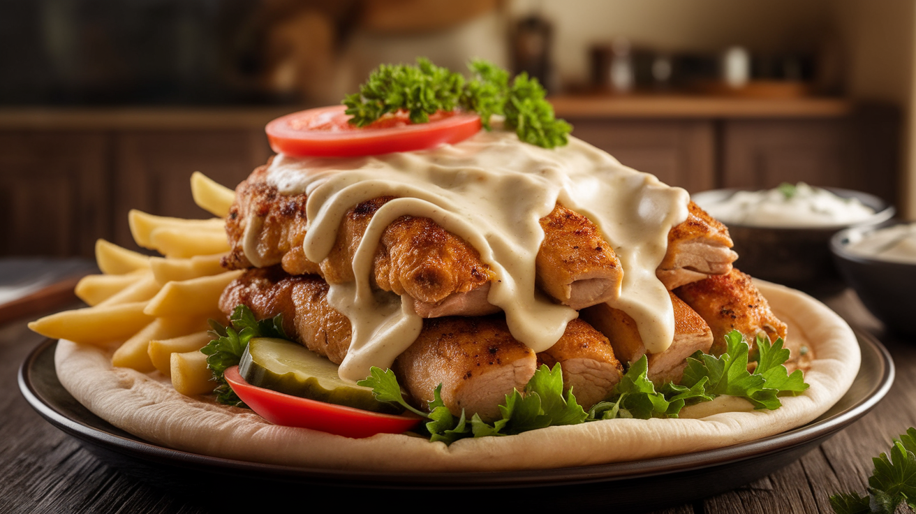 Homemade Chicken Shawarma with creamy garlic sauce, served on warm flatbread with fresh vegetables like tomatoes, cucumbers, and parsley.