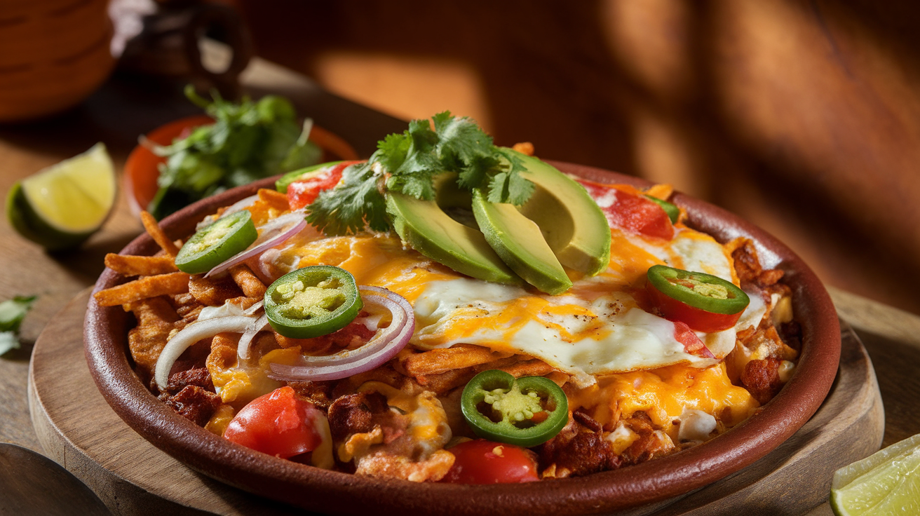 Homemade Mexican migas with scrambled eggs, crispy tortilla strips, tomatoes, onions, jalapeños, and melted cheese, garnished with fresh cilantro and avocado slices.